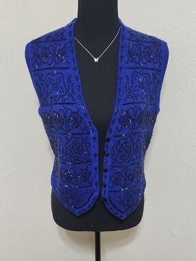Vintage 90s Worthington Royal Blue Beaded Vest Coquette Black Sequins Size MP